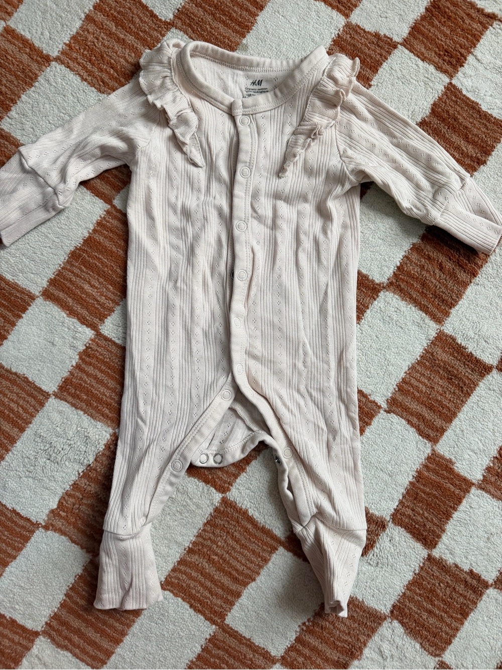 H&M Light Cream Ribbed Ruffle-Trim Footie